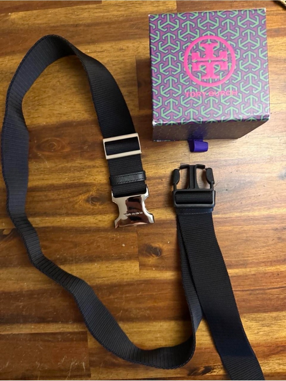 Tory Burch Black Adjustable Webbing Strap with Silver Buckle